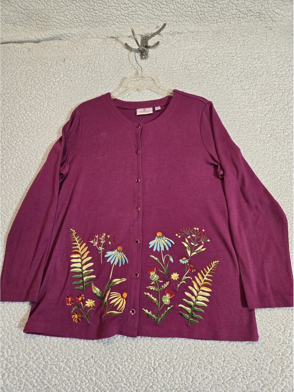 quacker factory medium Cotton Blend Cardigan Embroidered Floral Burgundy Mom...